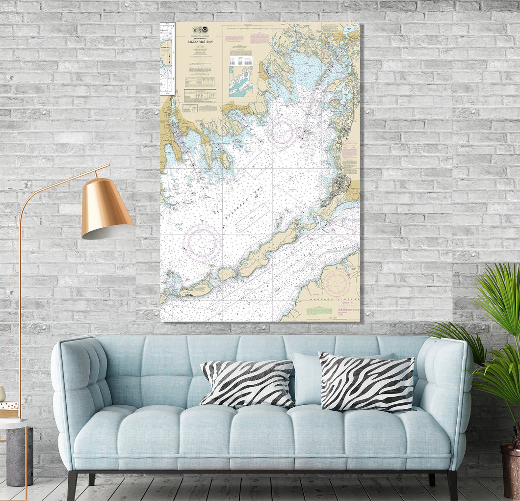 Buzzards Bay, New Bedford, Fairhaven, Falmouth, Mattapoisett, Marion, Massachusetts - Nautical Map/Chart - Printed on Canvas, Acrylic, Metal