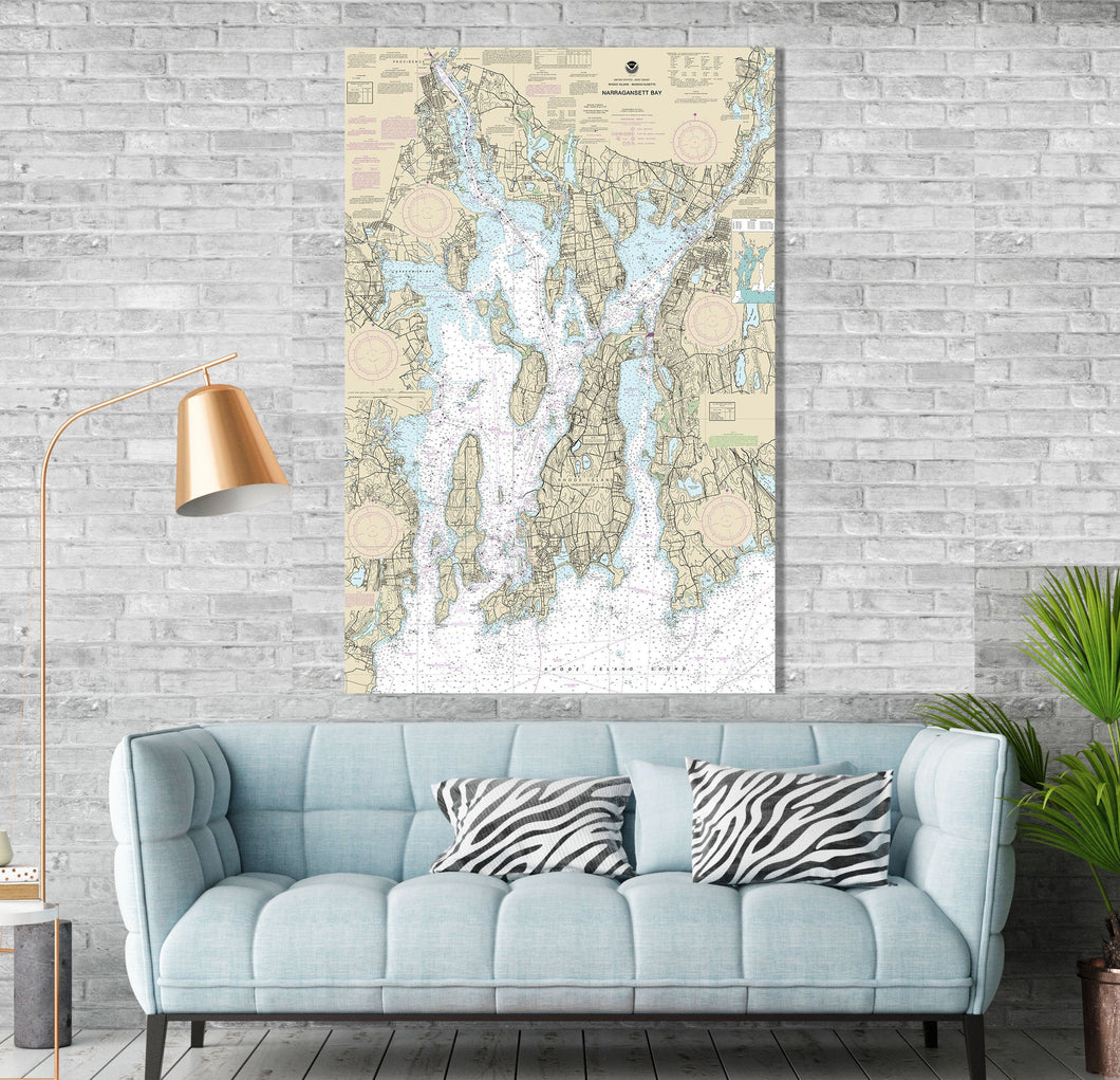 Narragansett Bay, Providence, Bristol, Newport, Fall River, Greenwich Bay, Rhode Island Nautical Map / Chart - Canvas, Acrylic, or Metal