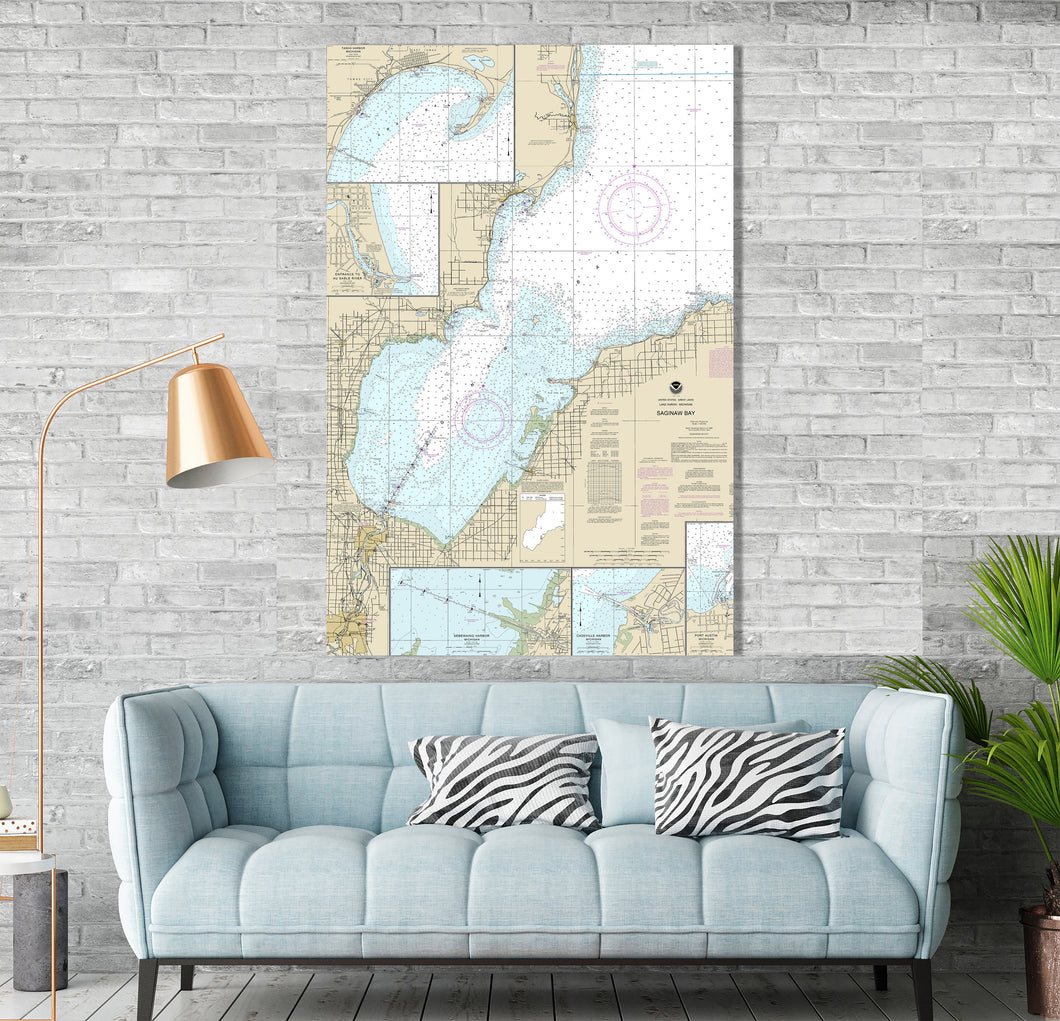 Saginaw Bay, Bay City, Tawas City, Au Sable, Sebewaing, Caseville, Oscoda, Spire, Michigan Nautical Map / Chart - Canvas, Acrylic, or Metal