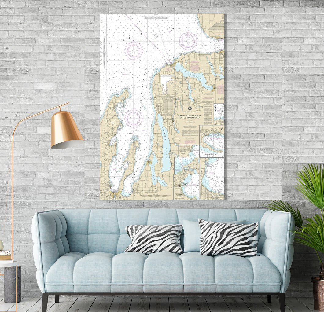 Grand Traverse Bay, Traverse City, Charlevoix, Boyne City, East Jordan, Elk Rapids Michigan Nautical Map / Chart - Canvas, Acrylic, or Metal