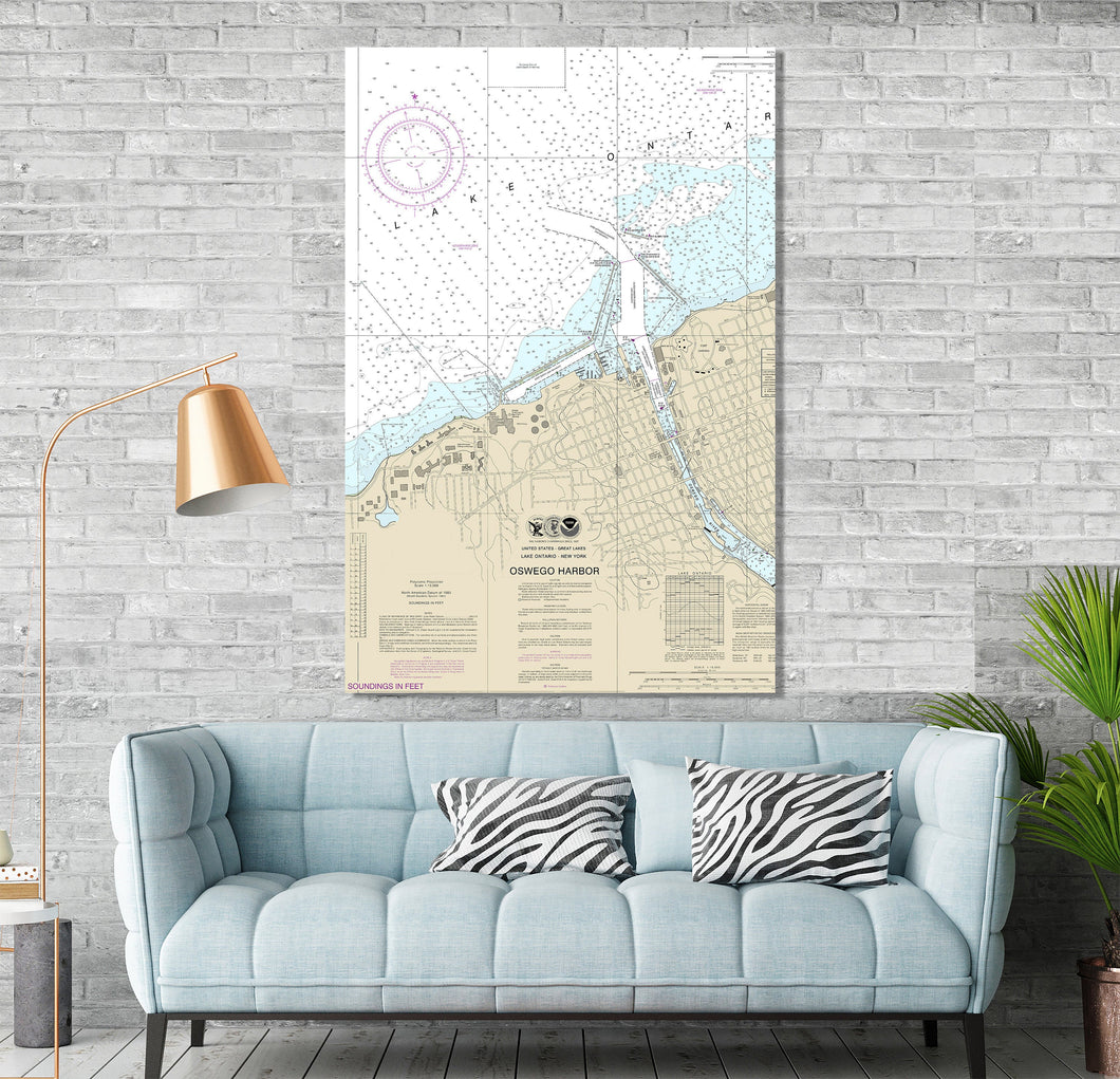 Oswego, Oswego Harbor, Oswego River, New York, Lake Ontario Nautical Map / Chart - Printed on Canvas, Acrylic, or Metal