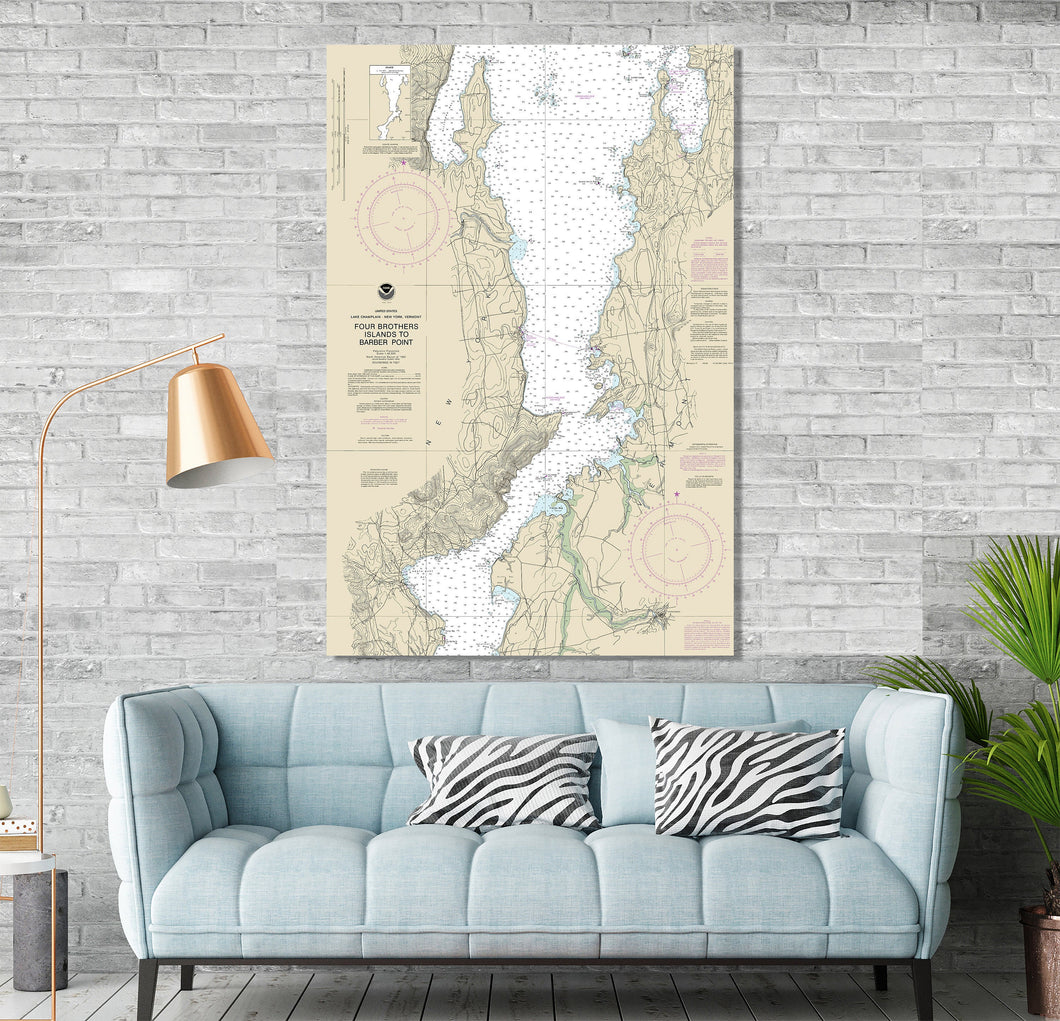 Lake Champlain, Willsburo, Essex, Westport, New York, Shelburne, Vermont Nautical Map / Chart - Printed on Canvas, Acrylic, or Metal