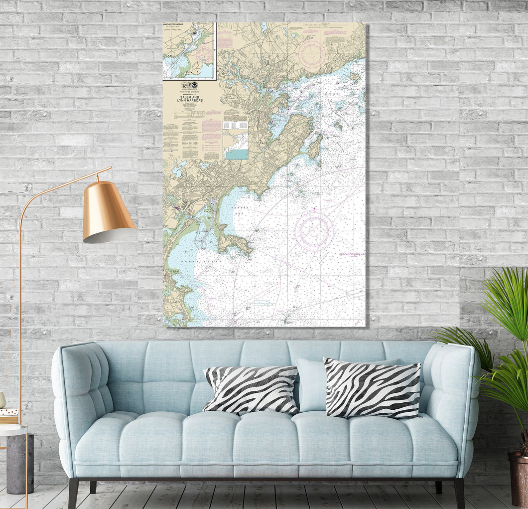 Salem, Lynn, Beverly, Marblehead, Peabody, Swanscott, Nahant Bay, Massachusetts Nautical Map / Chart - Printed on Canvas, Acrylic, or Metal