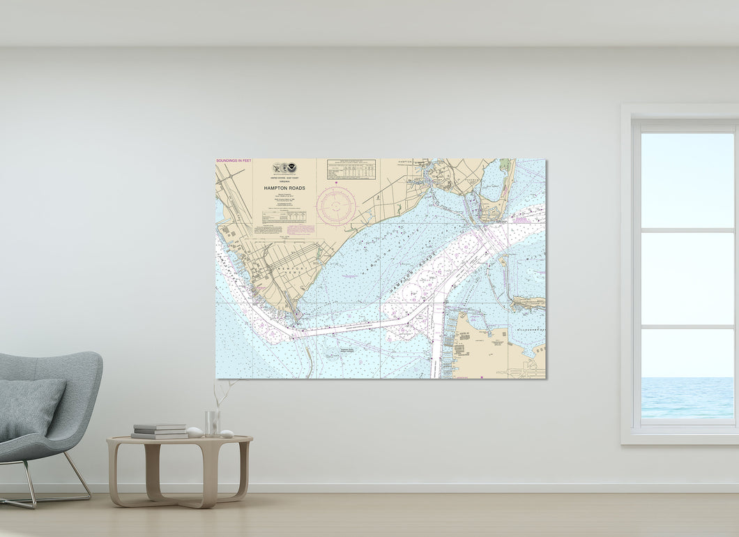 Newport News, Hampton, James River, Chesapeake Bay, Fort Monroe, Virginia - Nautical Map / Chart - Printed on Canvas, Acrylic, or Metal