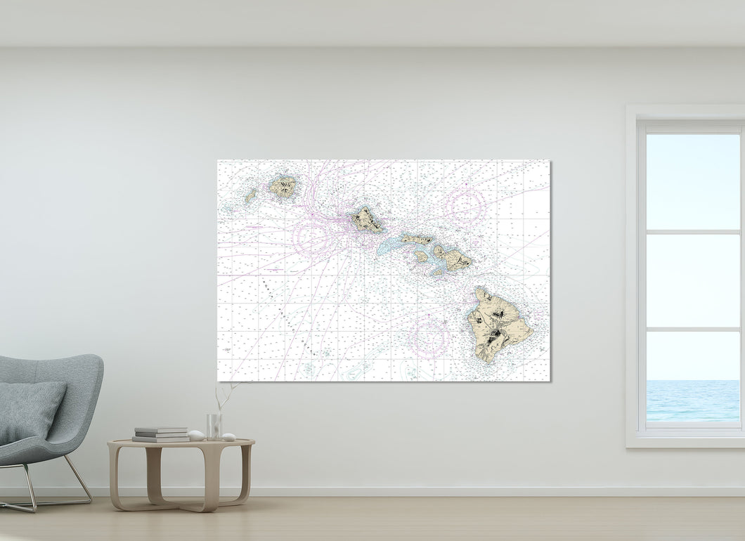 Hawaiian Islands, Hawai'i, Maui, Kauai, O'ahu, Moloka'i, Lanai - Nautical Map / Chart - Beach Wall Decor - Printed Canvas, Acrylic, or Metal