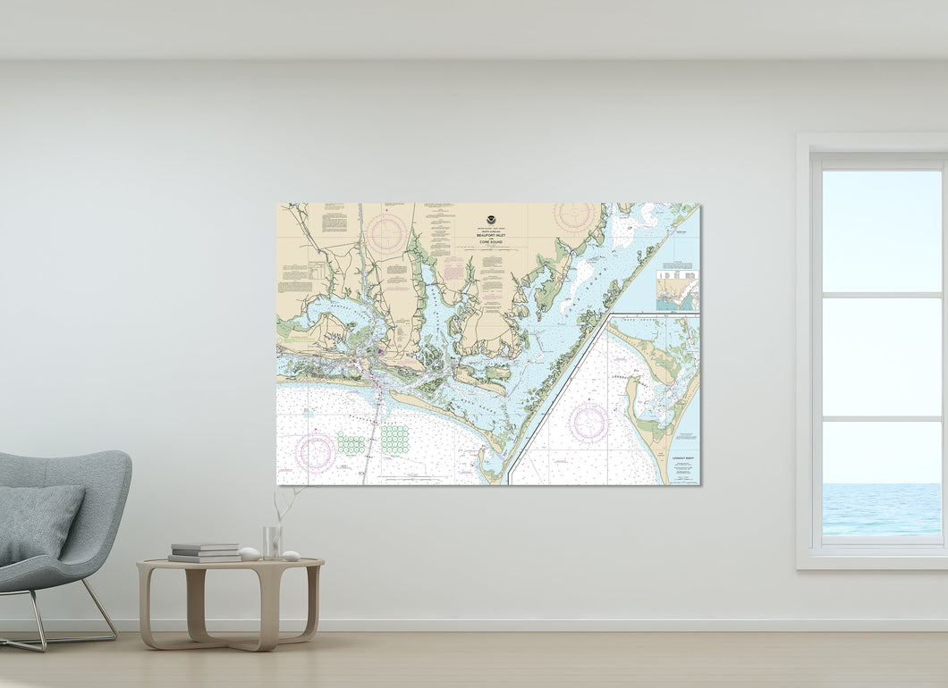 Beaufort, Morehead City, Atlantic Beach, Marshallberg, Gloucester, North Carolina - Nautical Map / Chart - Printed on Canvas, Acrylic, Metal