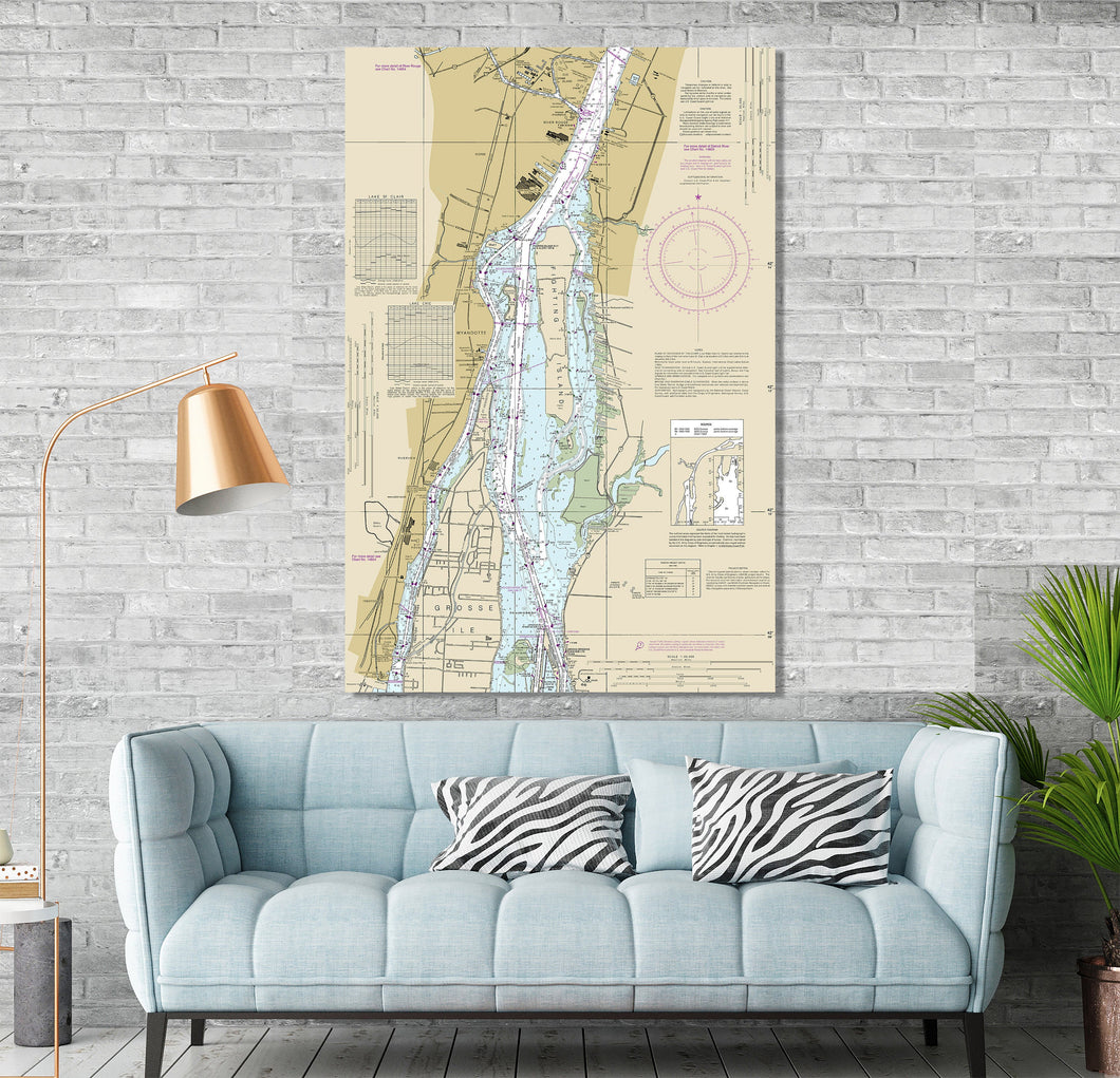 Wyandoote, Grosse Ile, River Rouge, Trenton, Riverview, Michigan - Nautical Map / Chart - Wall Decor - Printed Canvas, Acrylic, or Metal