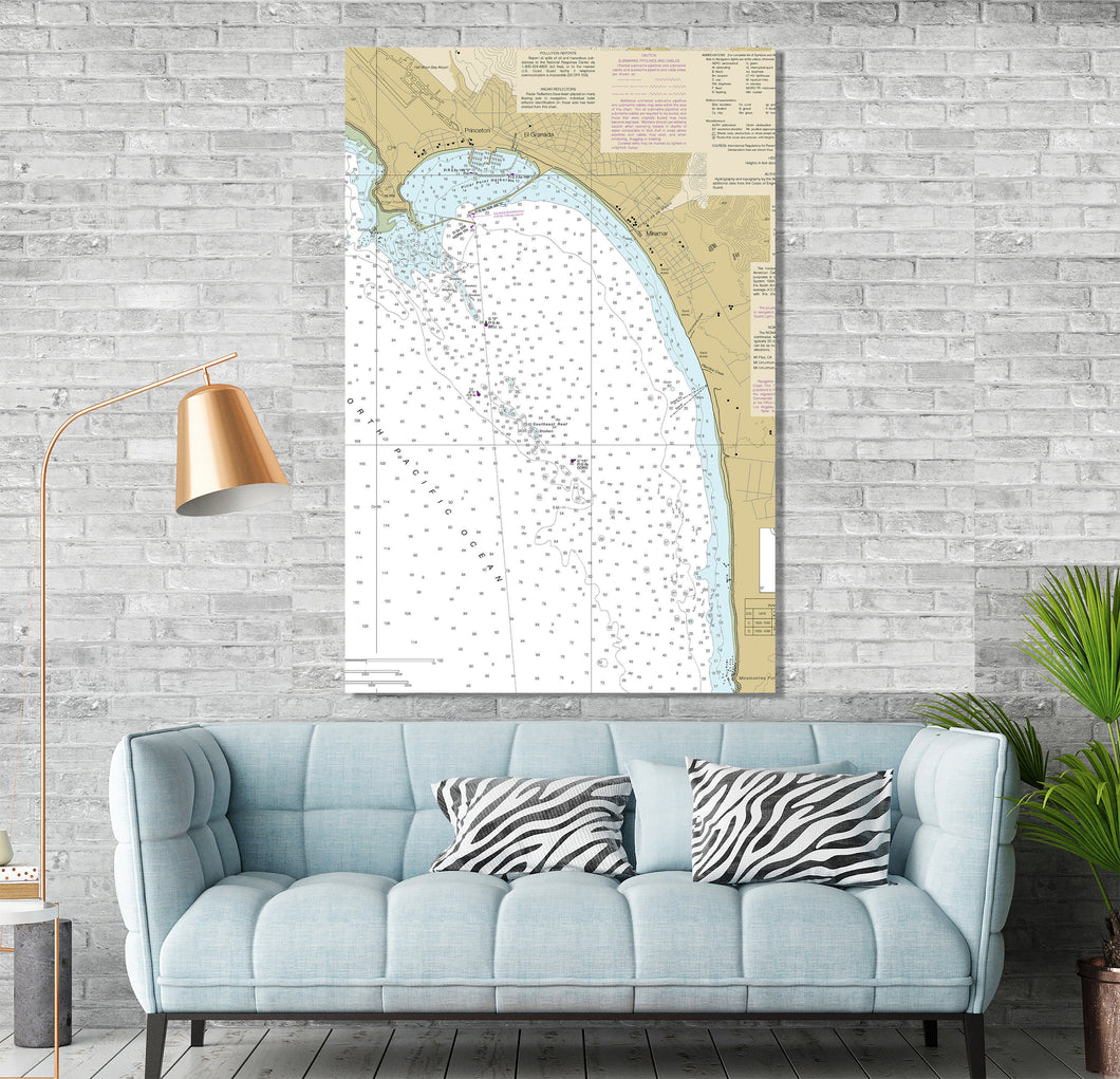 Half Moon Bay, Miramar, Princeton, El Granada, California - Nautical Map/Chart - Beach Themed Wall Decor - Printed Canvas, Acrylic, or Metal